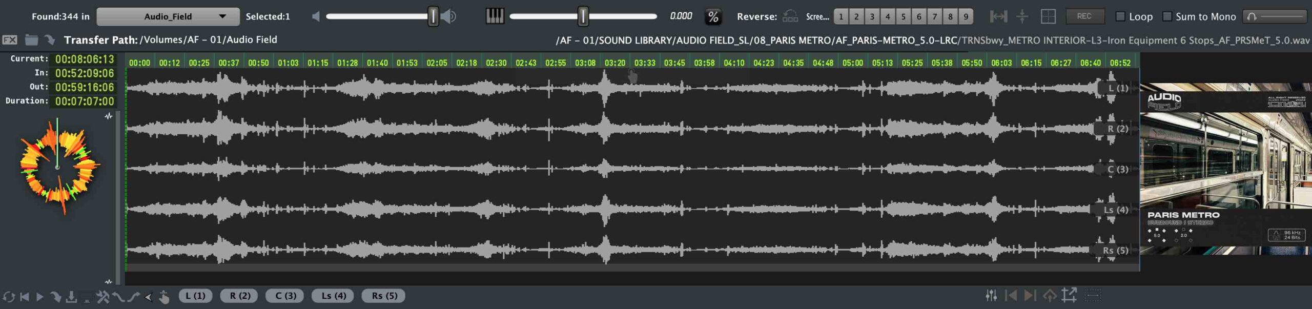 Soundminer waveform view of a five-channel Paris Metro interior recording, showing the transfer path, a seven-minute duration and the Paris Metro cover artwork