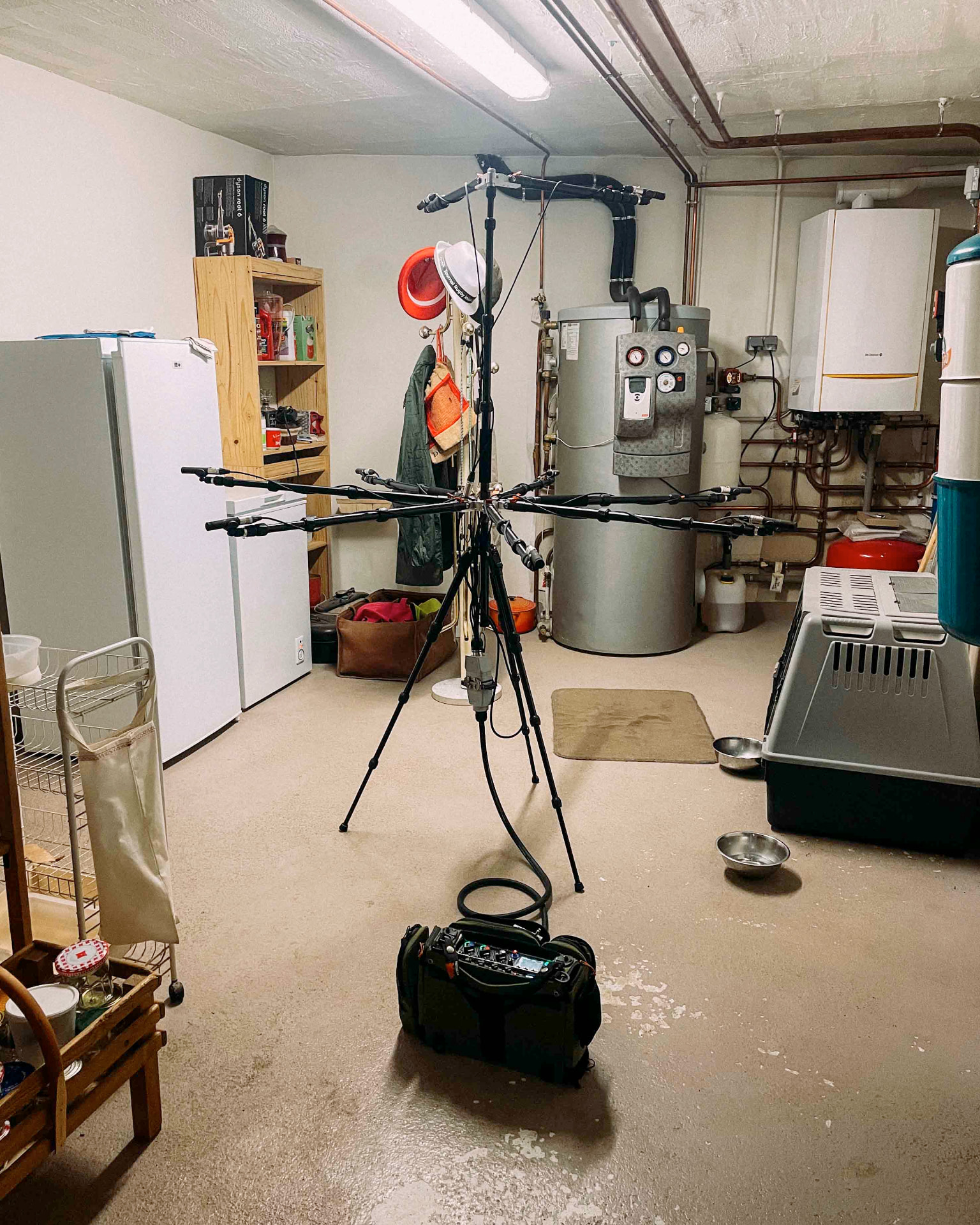 Audio Field ATMOS Tree microphone array set up in a basement utility room