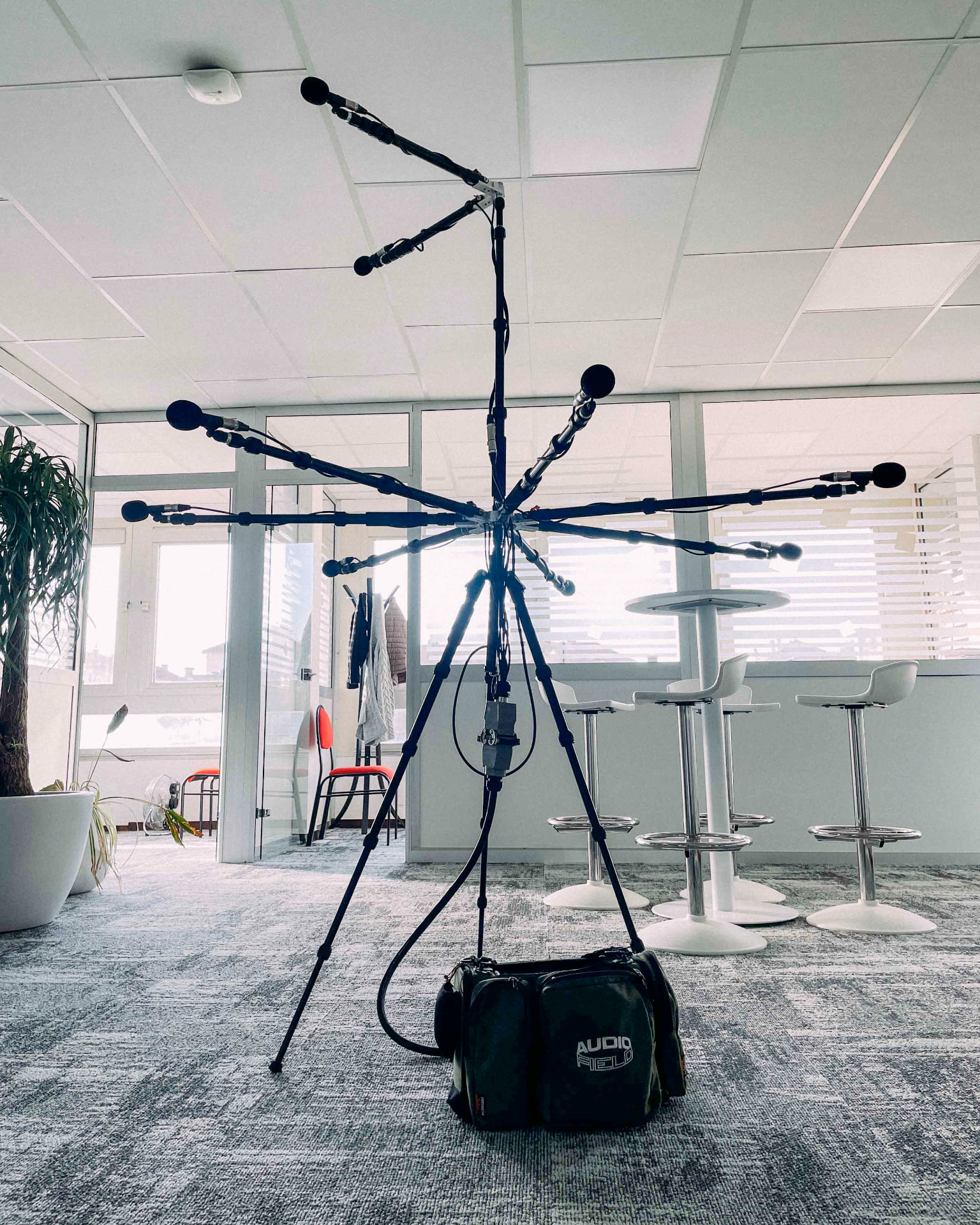 Audio Field ATMOS Tree microphone array set up in an open-plan office