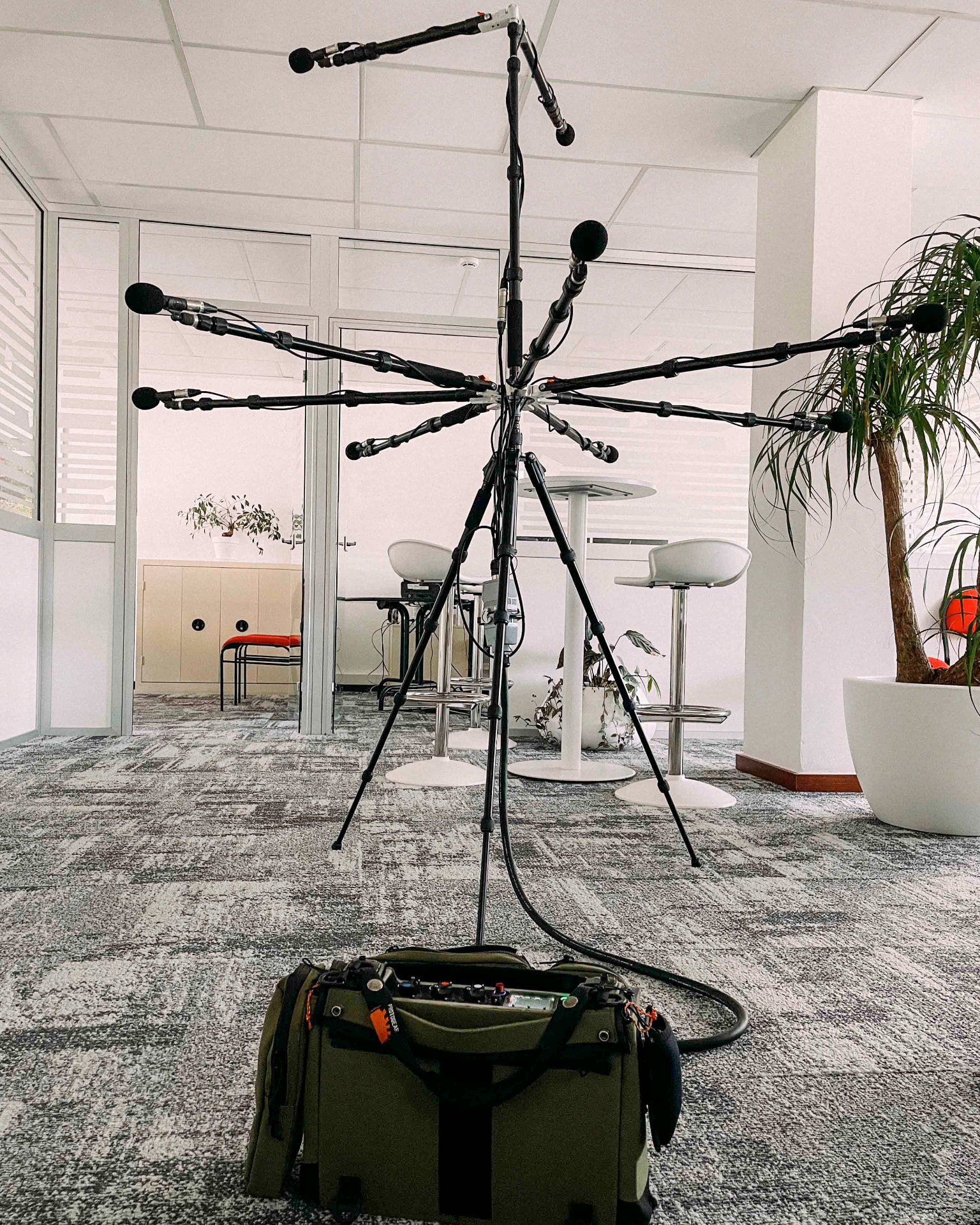 Audio Field ATMOS Tree microphone array set up in an office interior