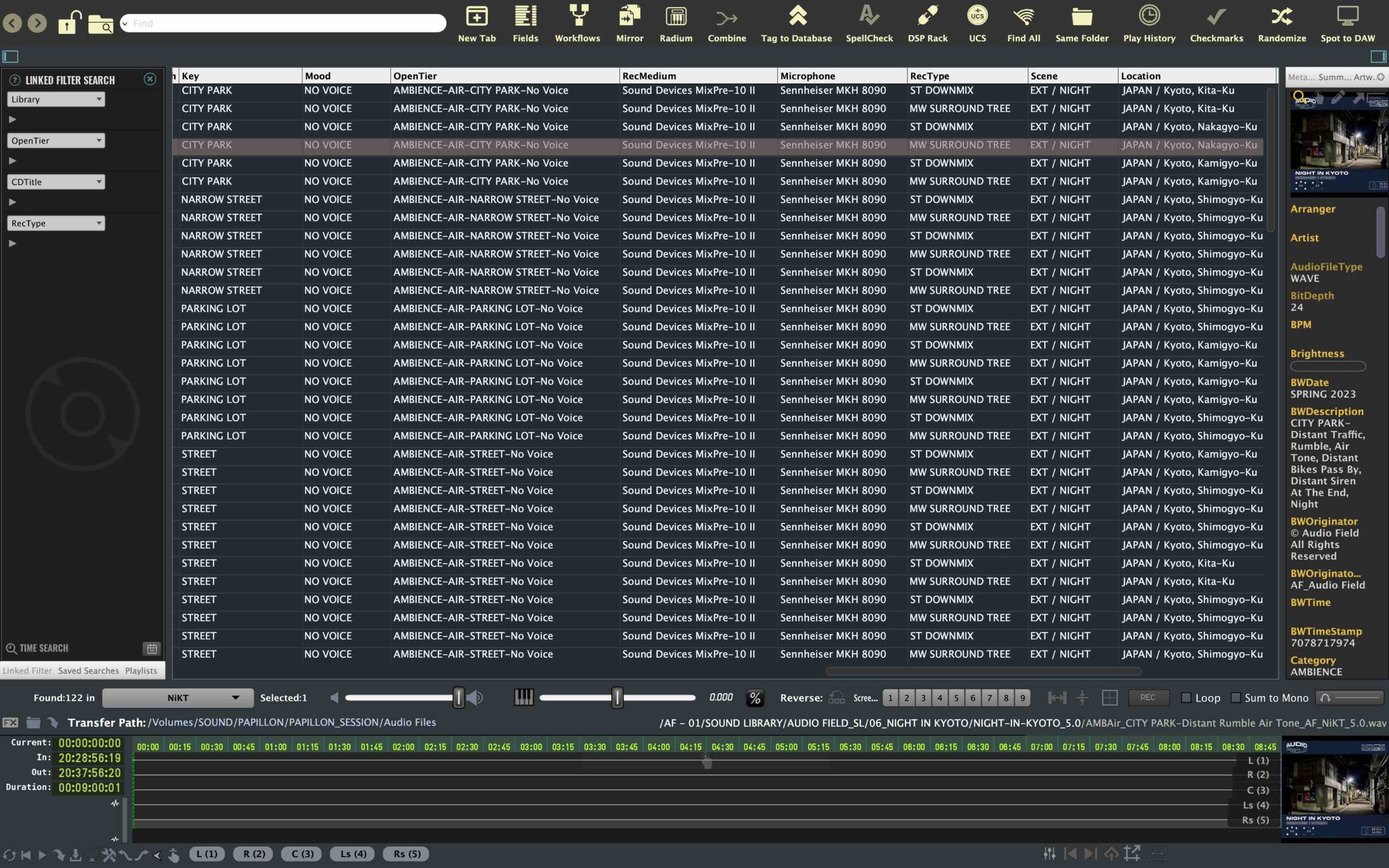 Soundminer window showing the Key, Mood, OpenTier, RecMedium, Microphone, RecType, Scene and Location columns for the Night In Kyoto library
