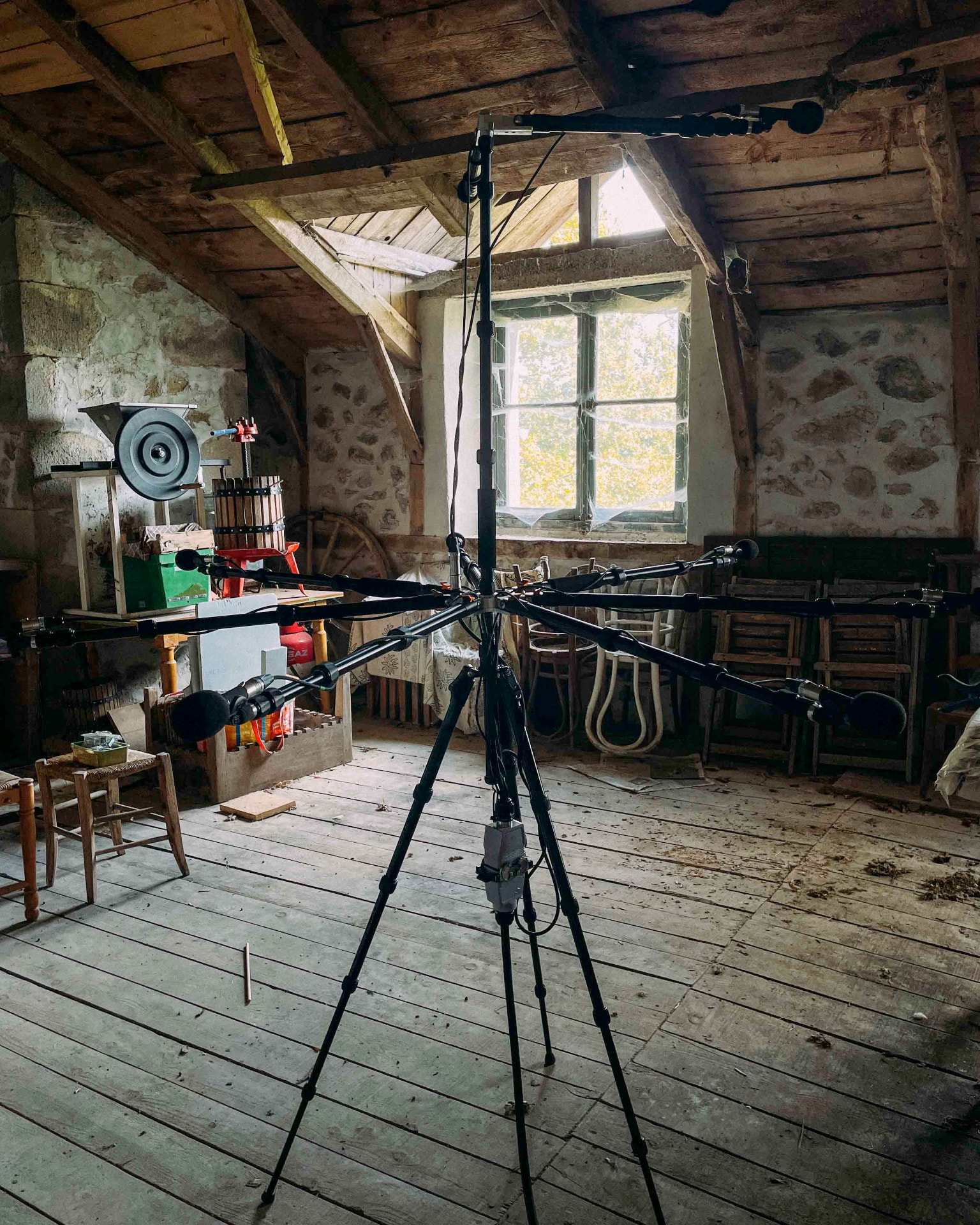 Audio Field ATMOS Tree microphone array set up in a timber attic