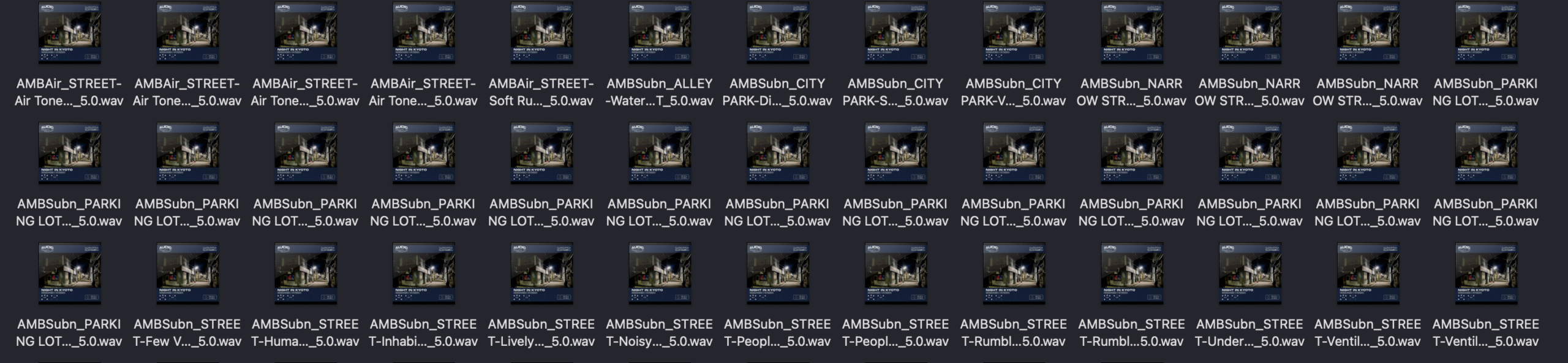 Grid of Night In Kyoto 5.0 WAV files with Audio Field artwork thumbnails and UCS filenames beginning with AMBAir and AMBSubn