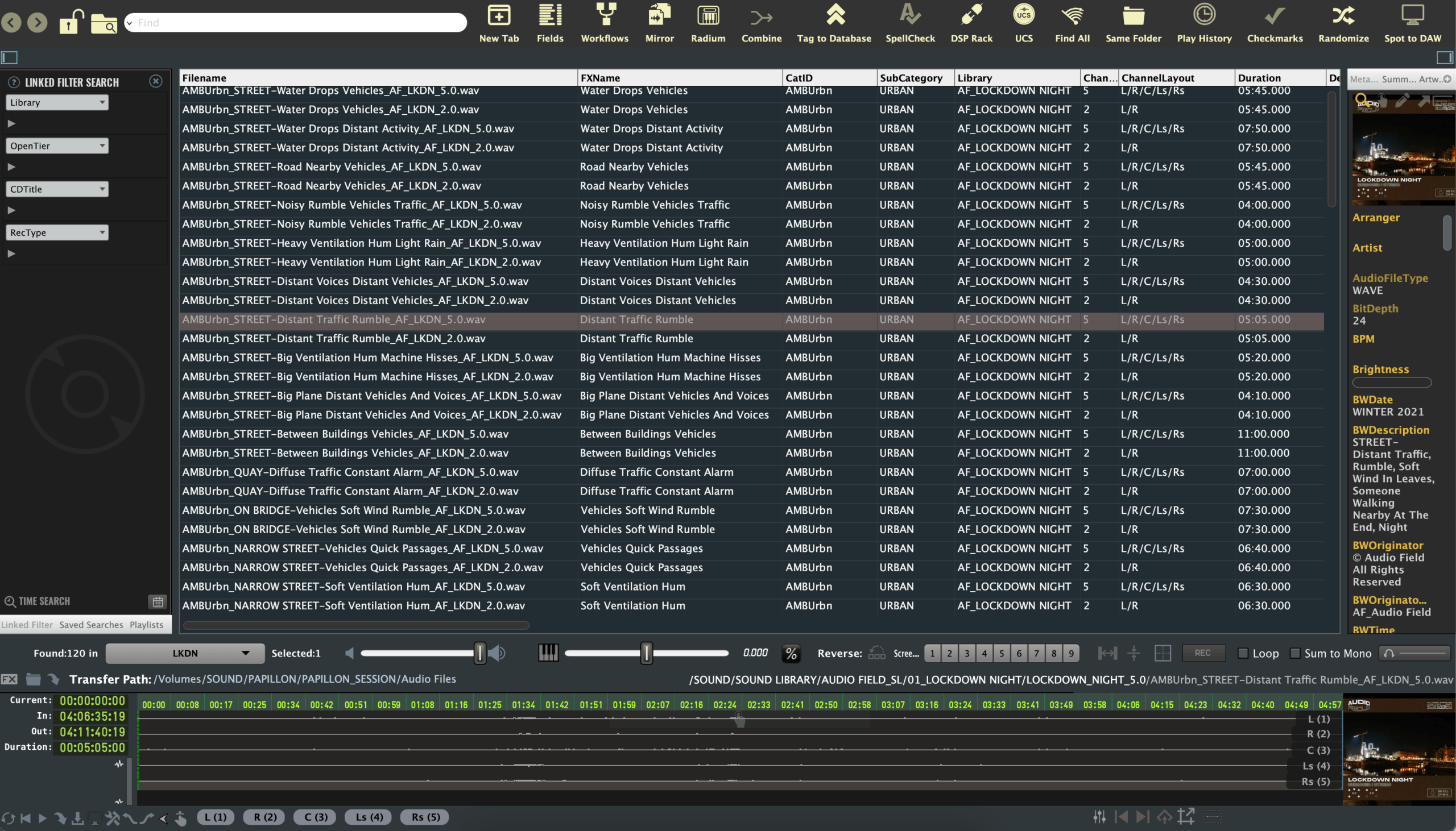 Soundminer interface showing Audio Field Lockdown Night files with filename, FXName, CatID, SubCategory, channel layout and duration metadata columns
