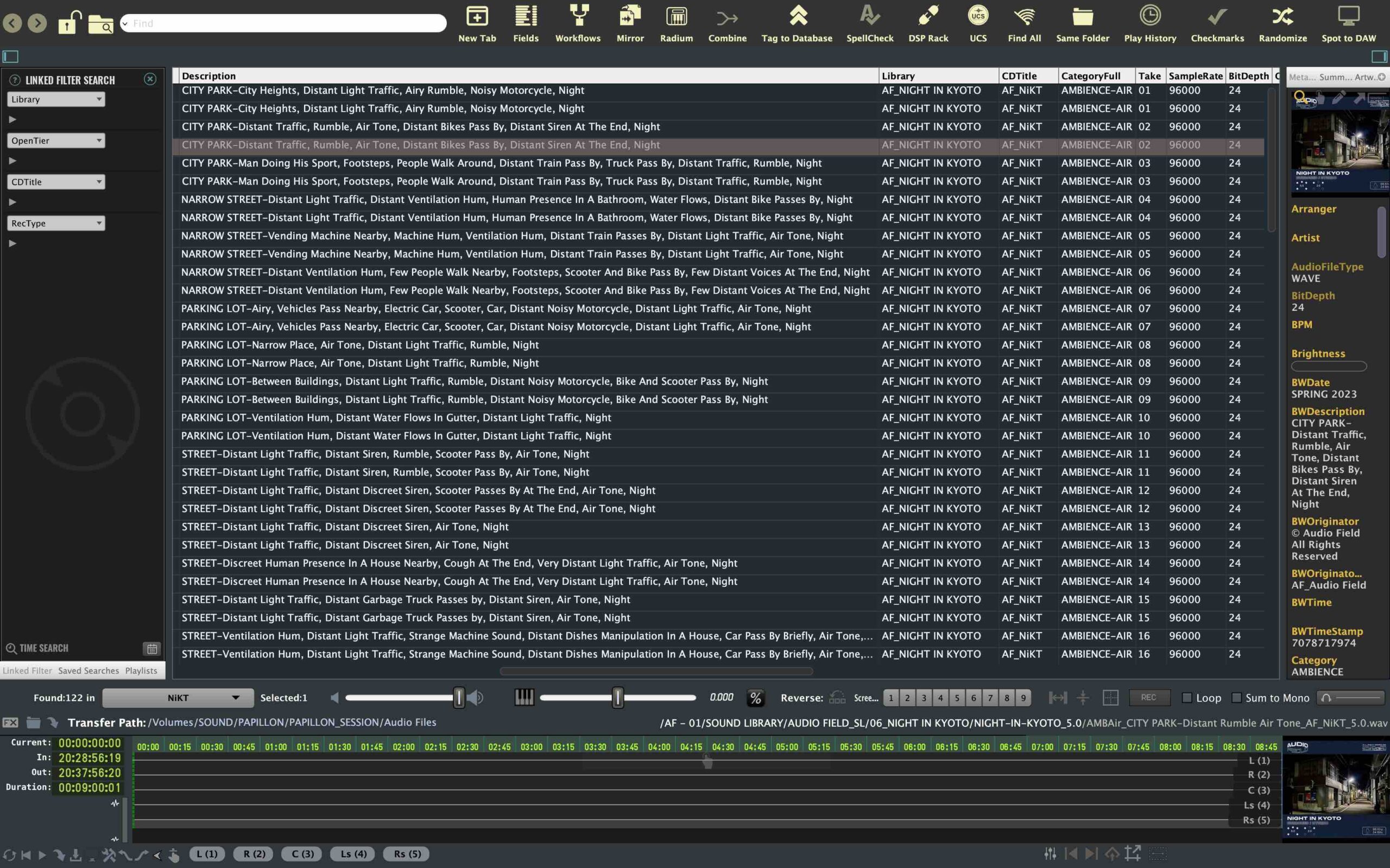Soundminer window showing the Description, Library, CDTitle, CategoryFull, Take, SampleRate and BitDepth columns for the Night In Kyoto library