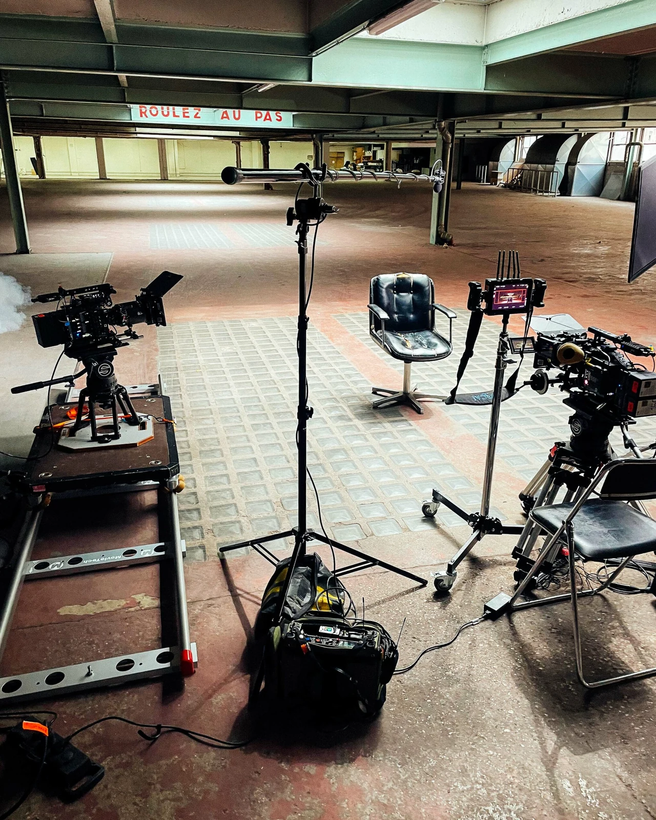 Sound and camera equipment arranged during a production shoot
