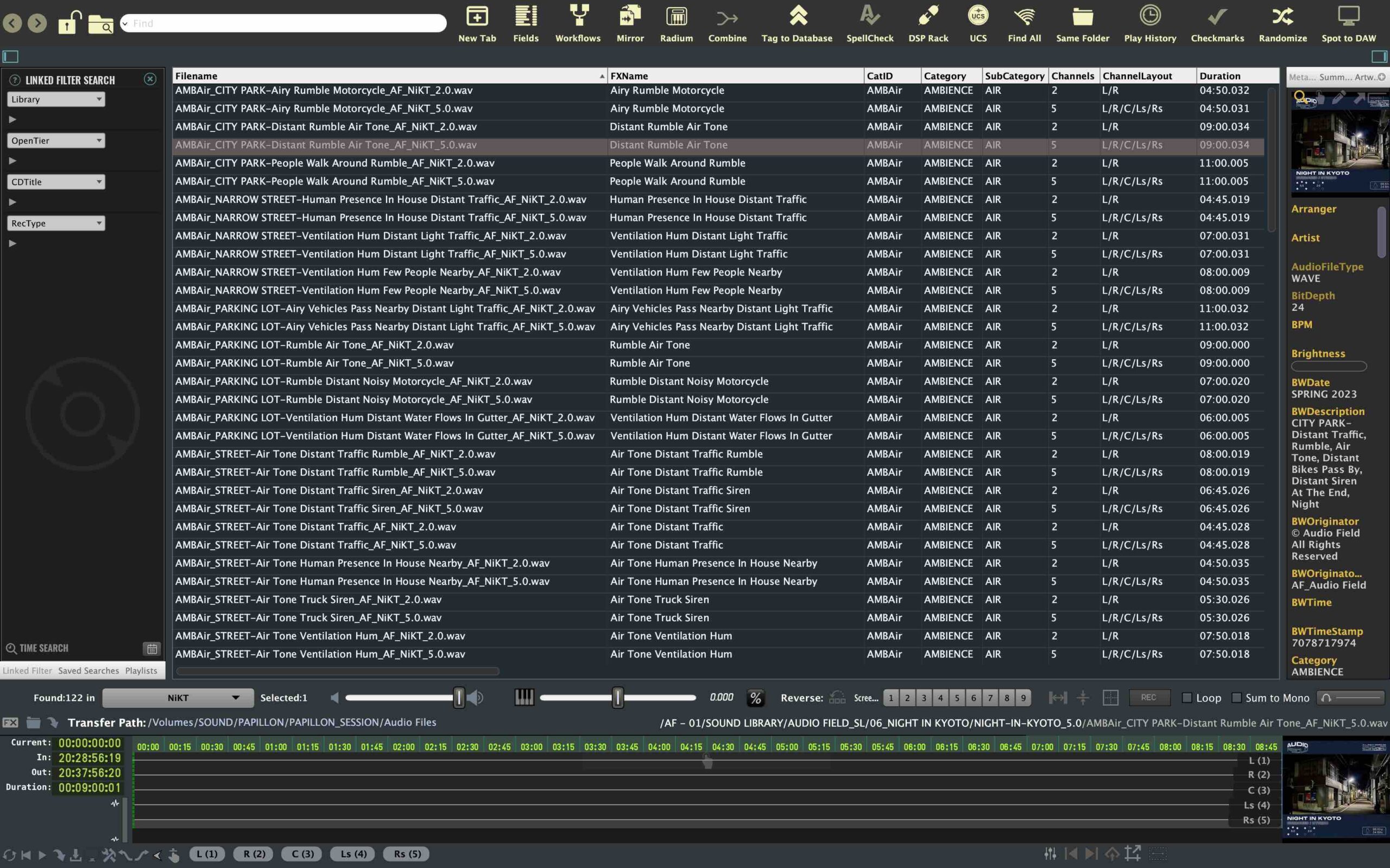 Soundminer window listing Night In Kyoto files with Filename, FXName, CatID, Category, SubCategory, Channels, ChannelLayout and Duration columns